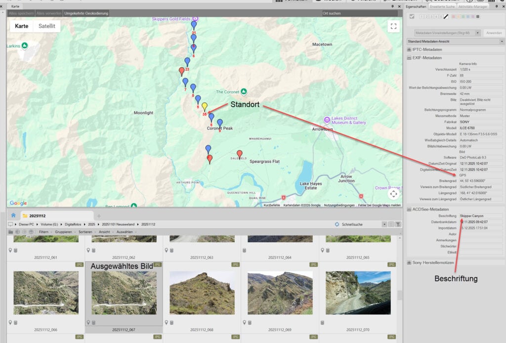 ACDSEE Bildschirm mit GPS-Daten und Bildinformationen