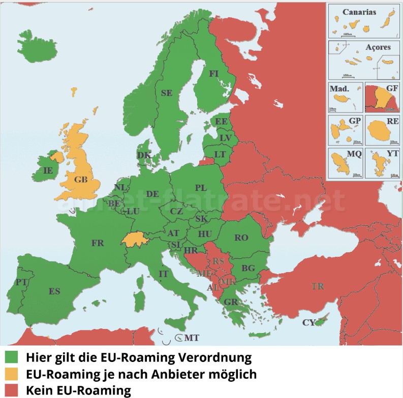 Länder, die in EU-Roaming eingeschlossen sind