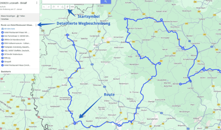 Karte in MyMaps mit einer Route durch die Eifel