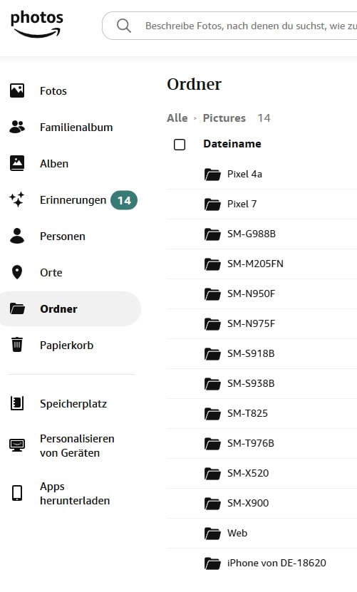 Amazon Photo sortiert nach Kameramodellen