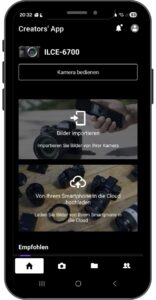 Smartphone-Bildschirm der Sony App Creators, mit der GPS-Daten auf die Kamera übertragen werden